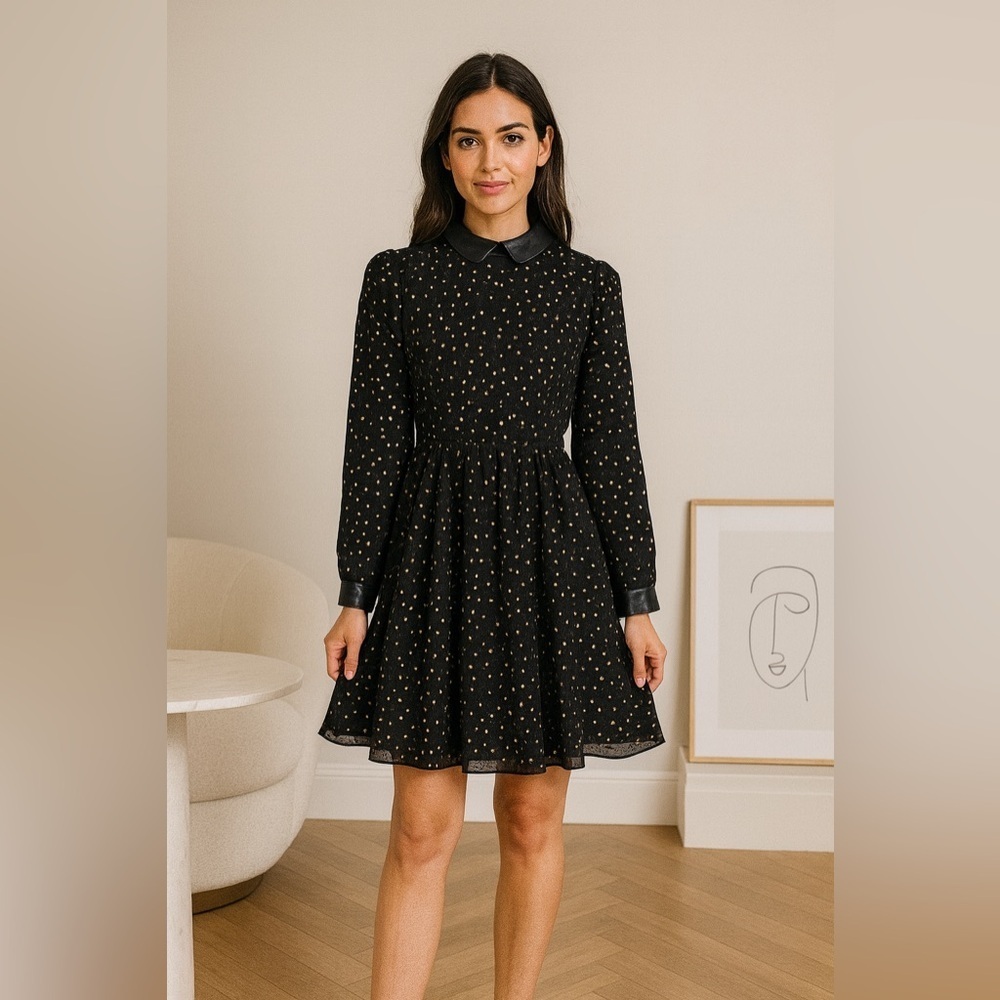 Jill Stuart Silk Dress 6 Black Gold Polka Dot Leather Trim Long Sleeve